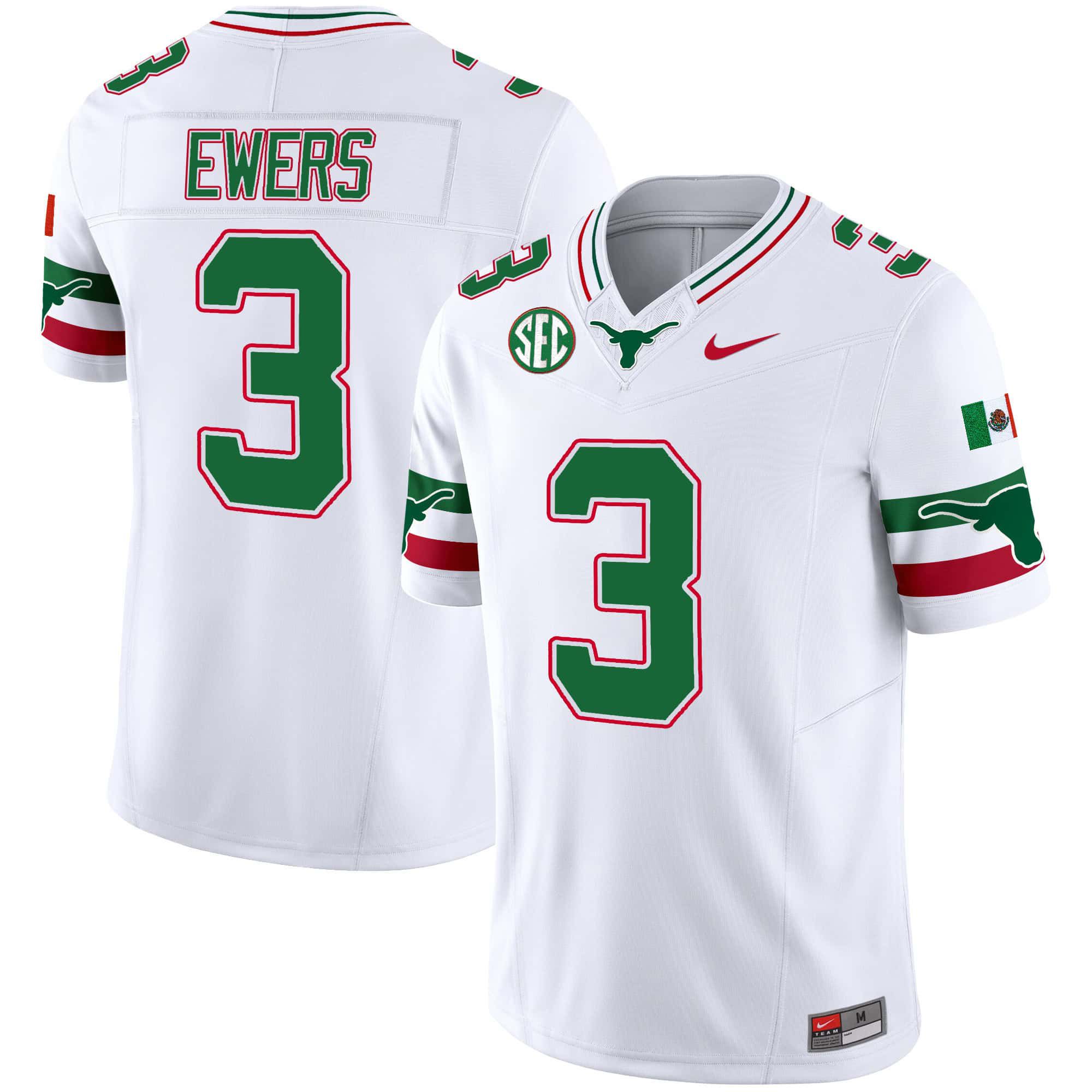 Men Texas Longhorns 3 Ewers White 2024 Nike Mexico SEC Patch Vapor NCAA Jersey